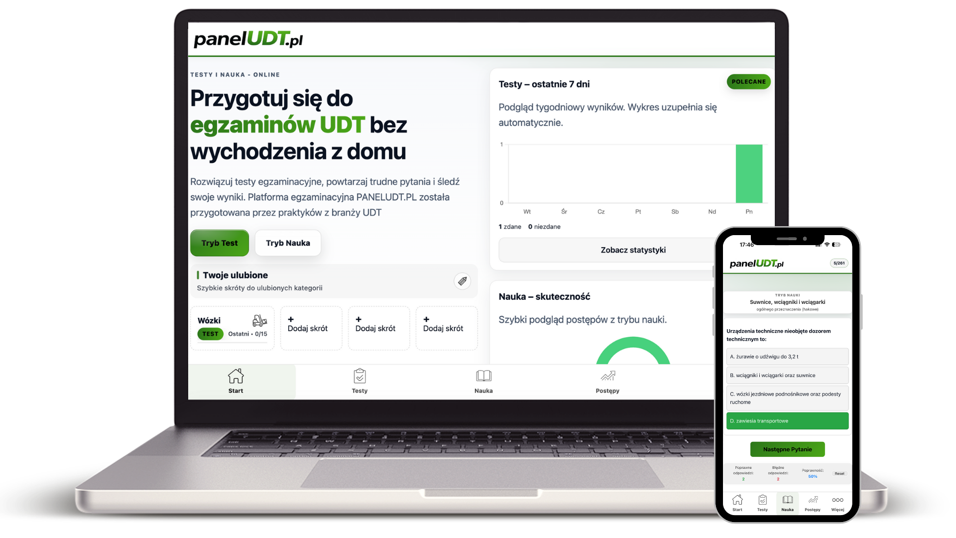 Platforma egzaminacyjna – podgląd na laptopie i telefonie